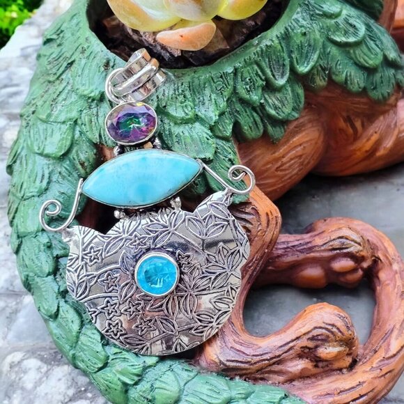 Mystic Fire Topaz, Larimar & Swiss Blue Topaz Forged In Sterling Silver Pendant - Picture 13 of 15